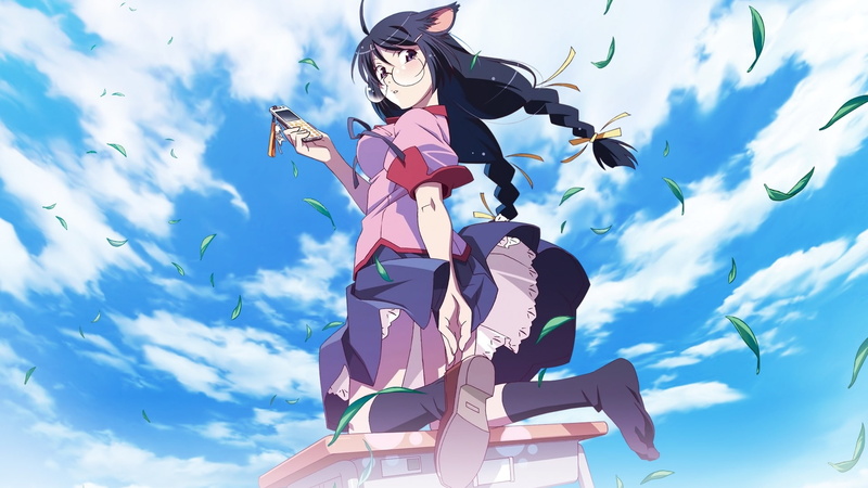 white skin, fan art, Hanekawa Tsubasa, clouds, Monogatari Series, 1080P, dark hair, anime, anime girls, clear sky, school uniform