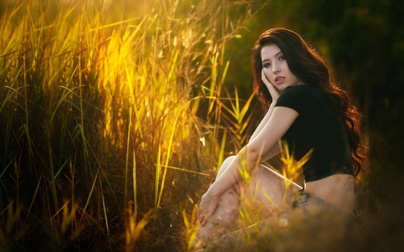 land, nature, fashion, 1080P, young adult, contemplation, model, teenager, wavy hair, outdoors, plant, grass, Asian, women, dress, beauty, adult, beautiful woman