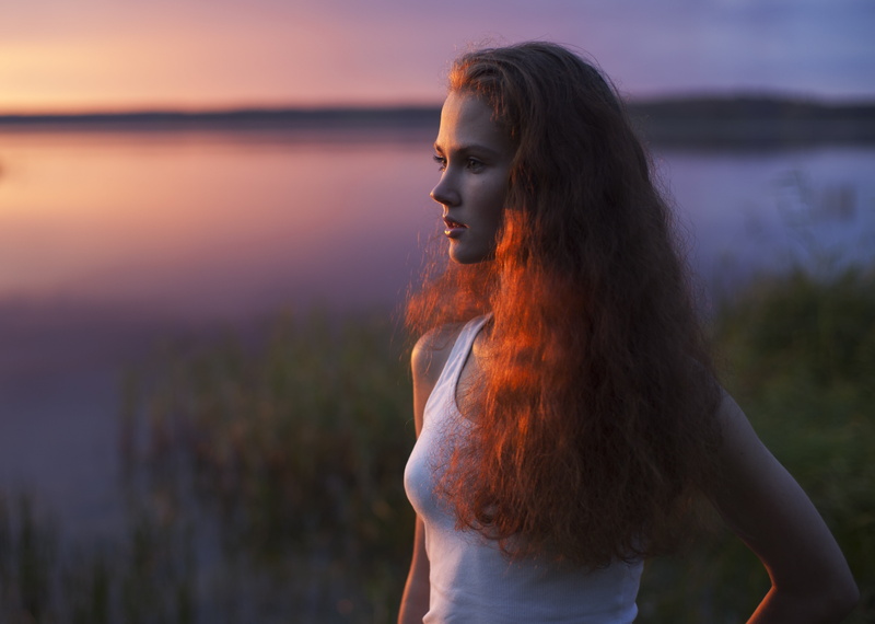 hair, women, tank, contemplation, beauty, side view, nature, hairstyle, adult, s, 4K, long hair, one person, white, Anastasiya Khotenovskaya, sunset, redhead