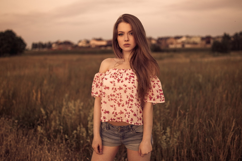 people, sunset, sky, standing, females, white, real people, happiness, yellow, meadow, casual clothing, one Person, contemplation, 1080P, fashion, retro Styled