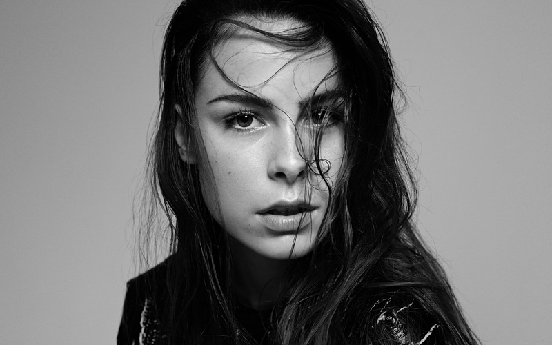 adult, young women, Lena Meyer-Landrut, 4K, headshot, brunette, close-up, hairstyle, studio shot, young adult, portrait, front view, monochrome, women