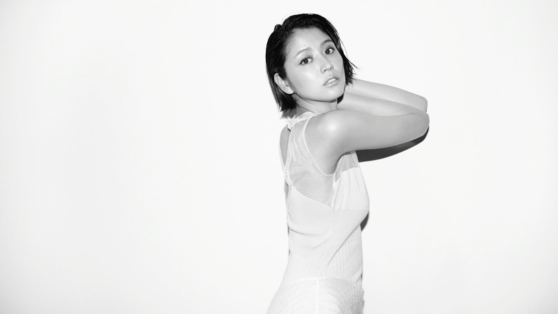 Asian, looking at camera, white clothing, one person, contemplation, hairstyle, young women, standing, Masami Nagasawa, short hair, teenager, women, monochrome