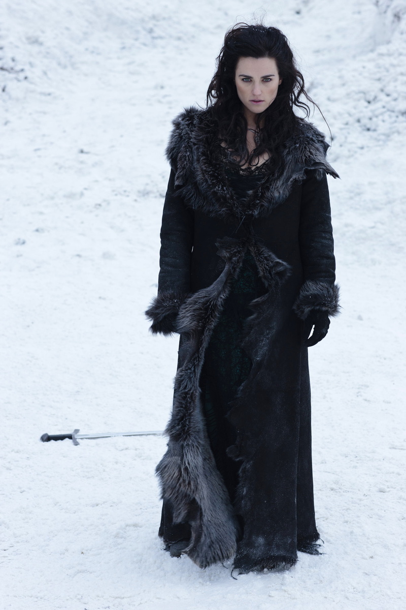 Irish, women, 2K, actress, green eyes, brunette, standing, Merlin (TV Series), snow, Katie McGrath