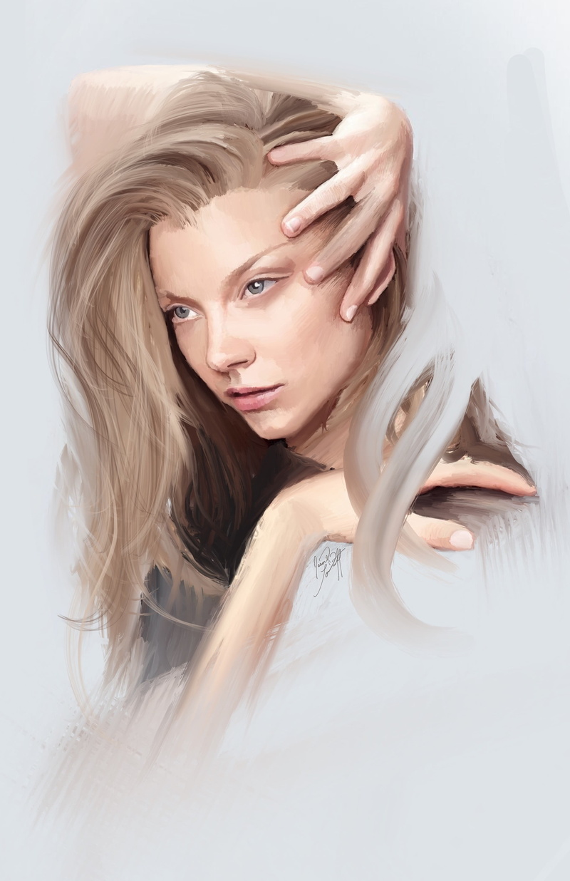 blond hair, Jason Longstreet, blue eyes, looking at the side, blonde, fan art, portrait, arm behind head, face, pink lipstick, women, eyes, artwork, hand on head