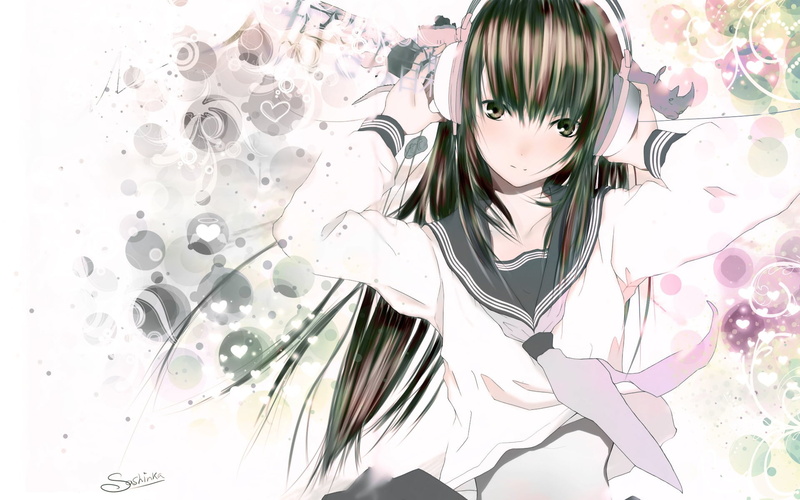 bangs, tie, 1080P, schoolgirl, haruaki fuyuno, hearts, hands behind head, sailor, long hair, headphones