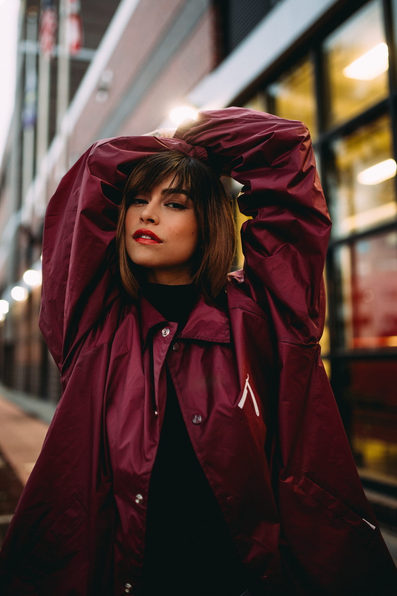 women, maroon, beautiful woman, daytime, standing, face, teenager, latin, young adult, hair, warm clothing, look, red, woman, shoot, peruvian, building