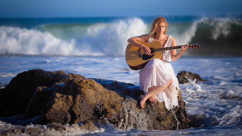 guitar, rock, skill, artist, music, musician, leisure activity, Women, Mood, rock - object, sea, 1080P, full length, brown, acoustic, playing, string instrument