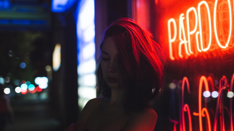 redhead, 1080P, women, pierced nose, neon