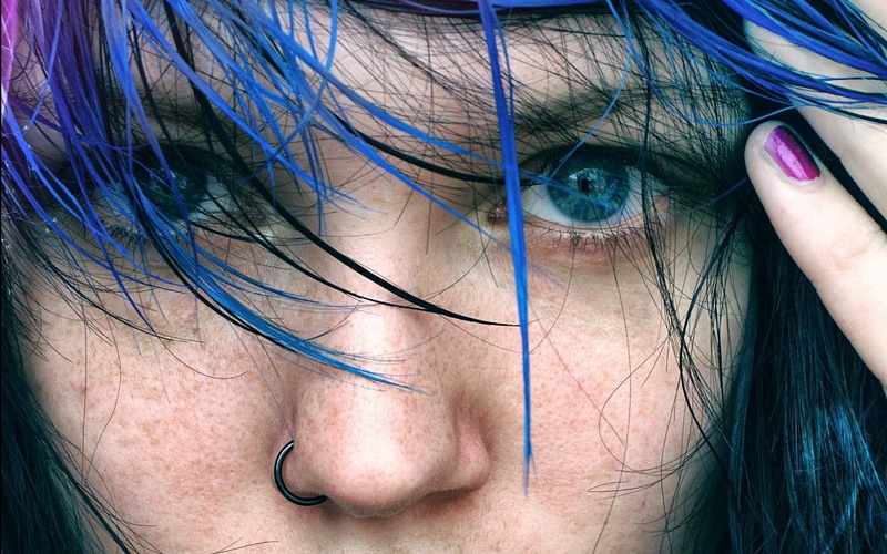 one person, hairstyle, real people, human face, human hair, 1080P, teenager, leisure activity, piercing, portrait, blue hair, headshot, looking, human body part