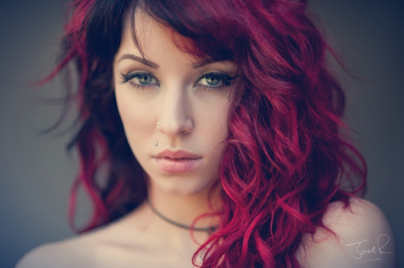 young adult, portrait, Jack Russell, piercing, beautiful woman, face, redhead, adult, close-up, looking at camera, simple background, dyed red hair, one person