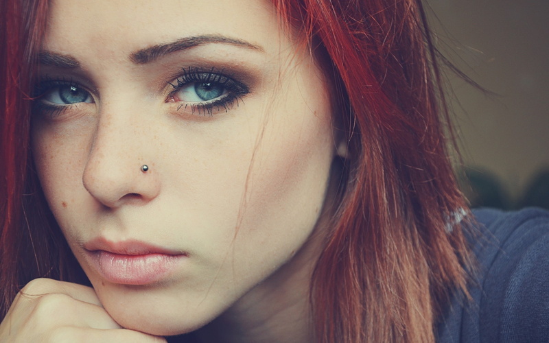 redhead, Lana Branishti, blue eyes, face, women, 2K, piercing
