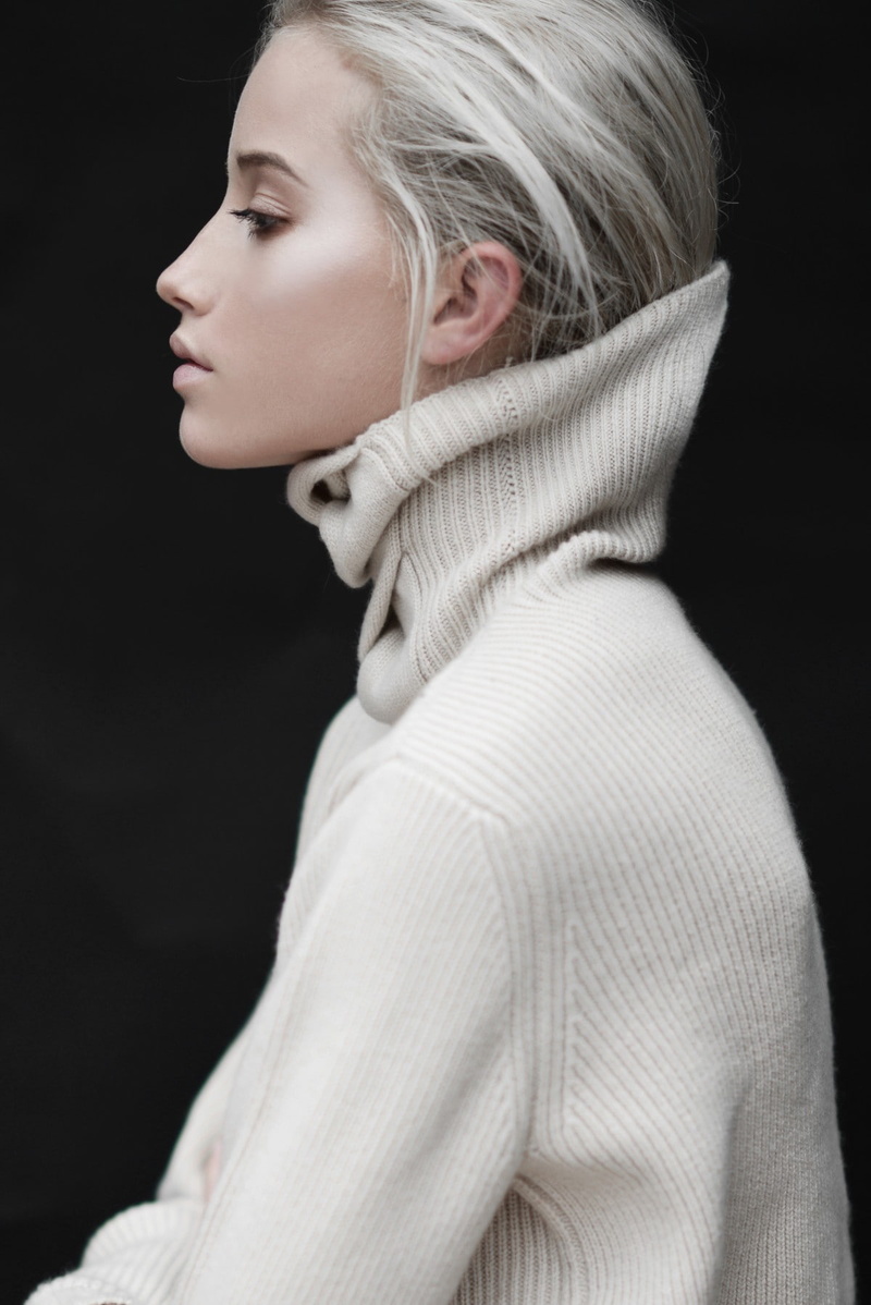 beauty, one person, adult, side view, contemplation, turtleneck, blond hair, Hannah Waites, hairstyle, sweater, human face, studio shot, profile view, model
