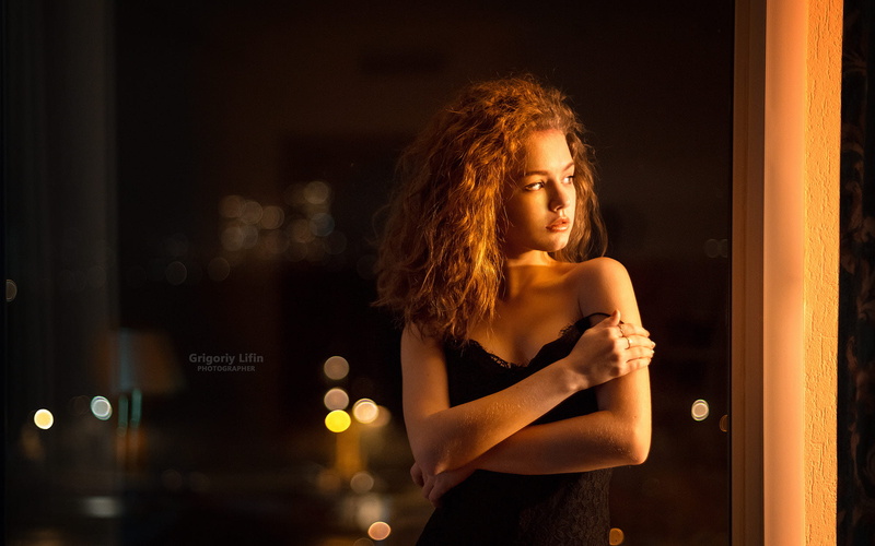 long hair, no bra, chemise, standing, warm colors, 1080P, window, women, looking away, Alina Zaslavskaya, redhead, Grigoriy Lifin