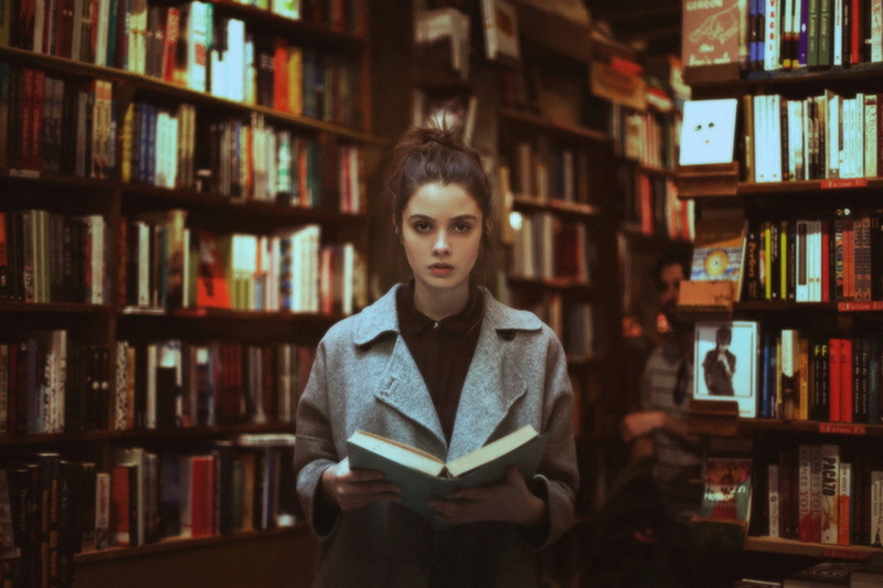activity, book, brunette, brown hair, waist up, coats, portrait, women, adult, young adult, front view, hairstyle, beautiful woman, 1080P, shelf, learning