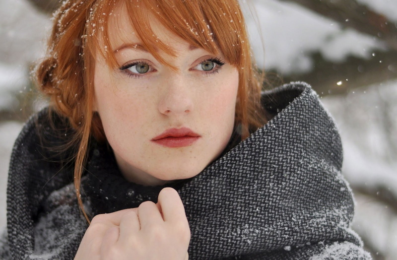 women outdoors, 720P, women, coats, grey coat, braids, Alina Kovalenko, redhead, snow, looking away