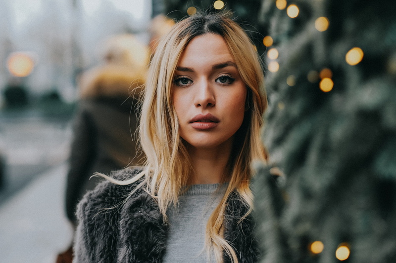 fur coats, model, grey sweater, portrait, blonde, 1080P, open mouth, women, face