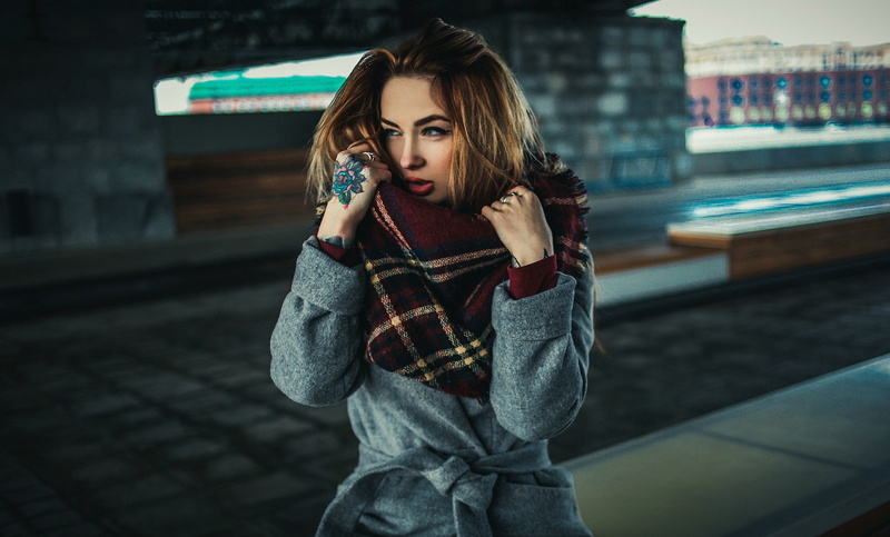 portrait, outdoors, front view, tattoo, city, grey coat, built structure, beauty, young adult, lifestyles, transportation, clothing, focus on foreground
