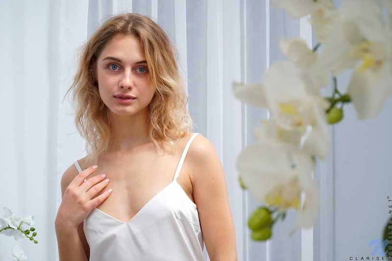 young women, Nubiles, front view, white dress, hair, flower, young adult, adult, hairstyle, blonde, looking, 2K, room, curtains, waist up, contemplation