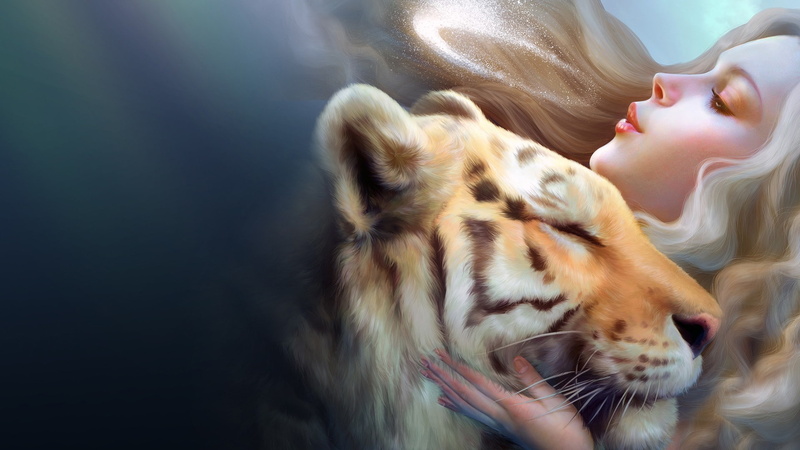 artistic, fantasy, magic, girl, tiger, caress, artwork, 1080P