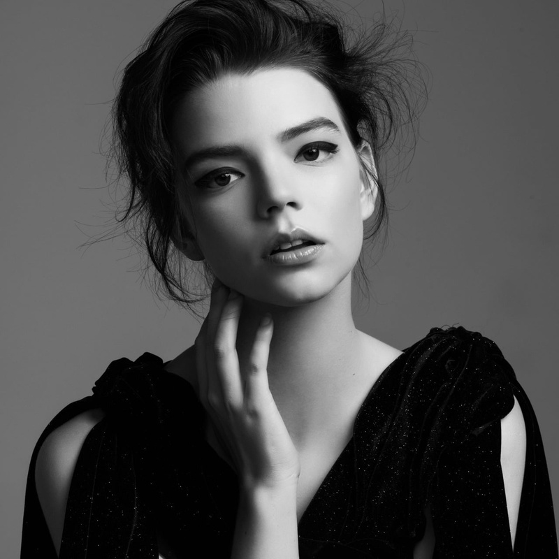 caressing, touching face, Anya Taylor-Joy, makeup, celebrity, gray background, black dress, dress, monochrome, open mouth, young woman, actress, 720P