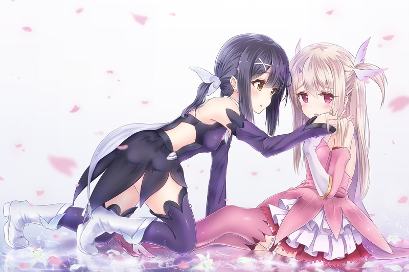 caressing, ribbon, blushing, flowers, petals, boots, white hair, yellow eyes, dark hair, thigh-highs, 720P, detached sleeves, long hair, anime girls, pink eyes