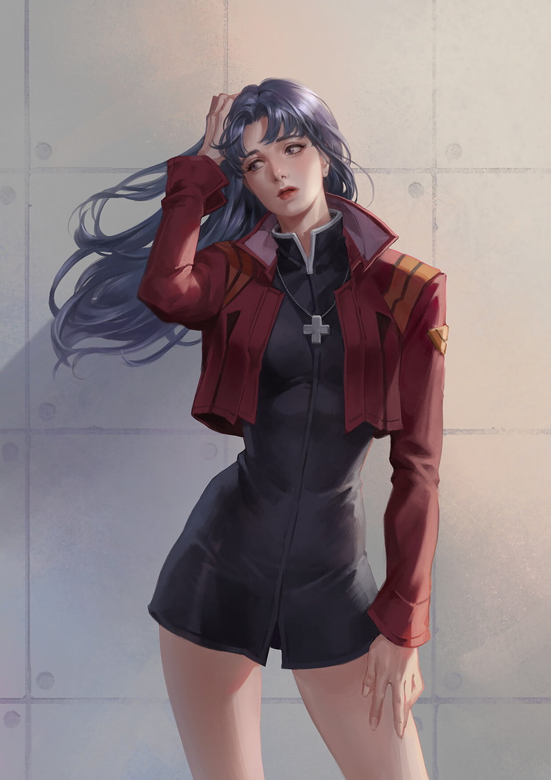 digital art, looking away, Sora Kim, drawing, anime girls, artwork, women, ArtStation, hand on head, purple hair, thighs, fan art, Katsuragi Misato, 720P