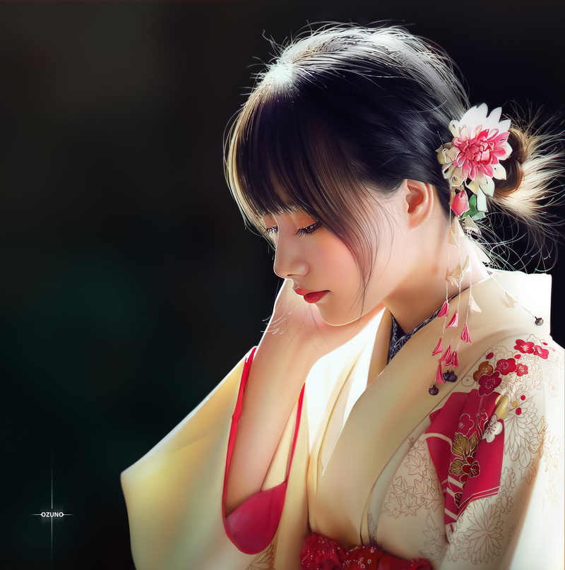 dress, side view, looking below, women, caressing, digital art, Japanese clothes, Japanese, flower in hair, touching face, dark hair, Huy Ozuno, 1080P