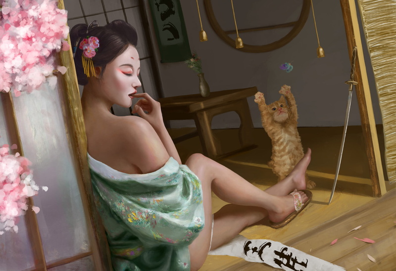 artwork, cats, digital art, Japanese women, sitting, digital painting, ArtStation, Wang Jia, katana, legs, women, 1080P, caressing