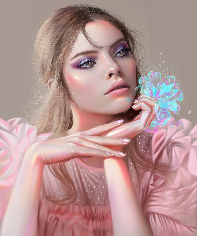 digital painting, face, brunette, Yaşar Vurdem, young woman, makeup, caressing, portrait, portrait display, pink dress, juicy lips, open mouth, looking away