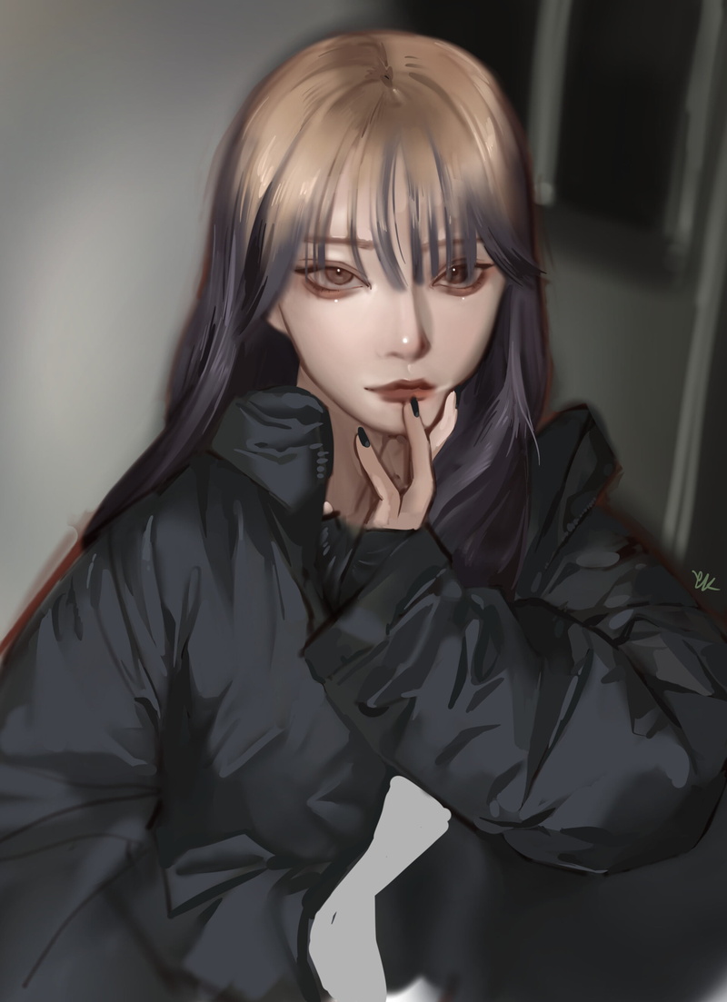 2K, long hair, artwork, hand on face, black nails, Eunah Kang, women, ArtStation, portrait display, blonde, drawing, digital art, black clothing, digital painting