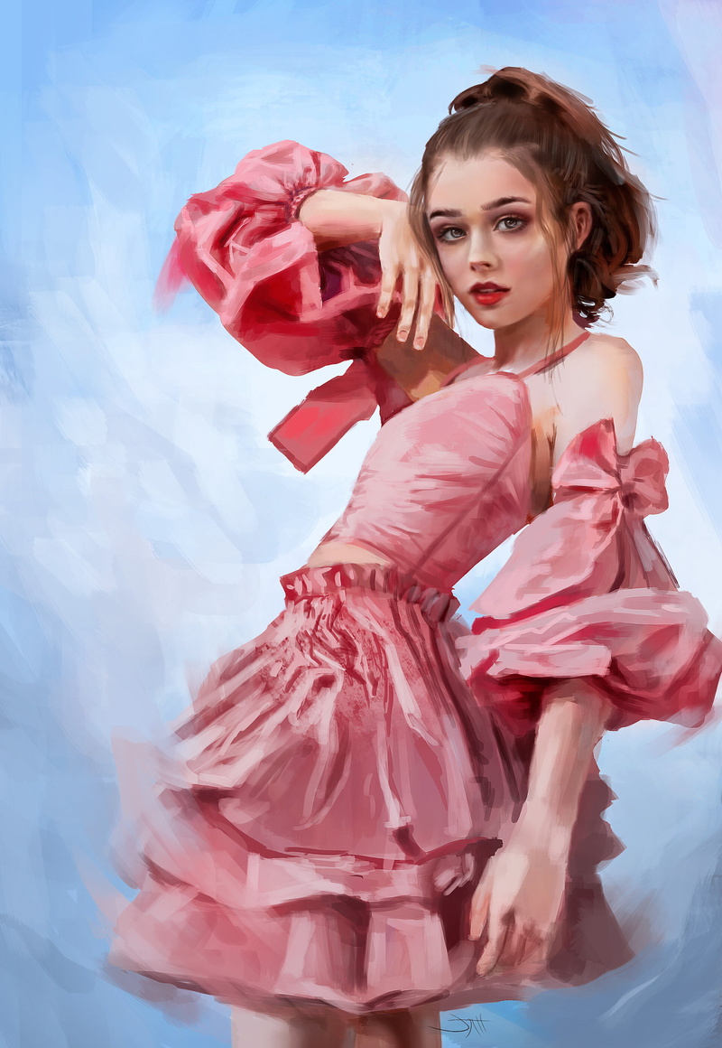 brunette, simple background, young woman, portrait display, frock, women, touching face, dress, fan art, looking at viewer, red lipstick, pink clothing