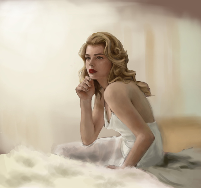 white dress, caressing, digital painting, sitting, digital art, ArtStation, looking away, women, blonde, 1080P, artwork