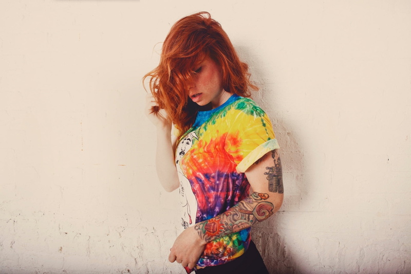 touching hair, 1080P, open mouth, tattoo sleeve, caressing, tattoo, model, redhead, simple background, T-shirt, Hattie Watson