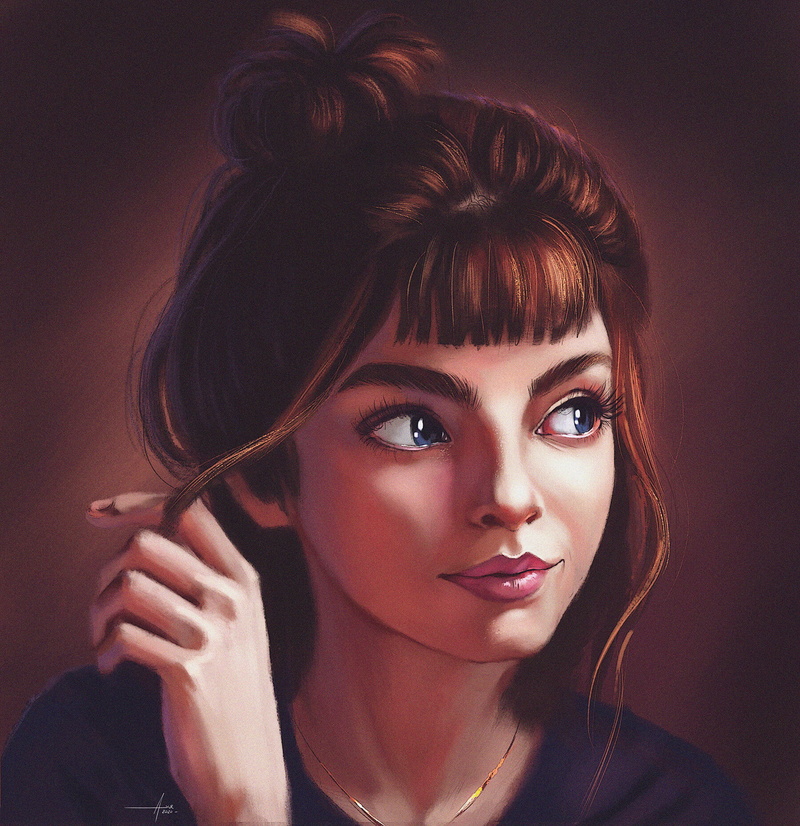 blue eyes, artwork, touching hair, looking away, ArtStation, looking at the side, digital art, 720P, portrait, hairbun, drawing, women, face, Asur Misoa