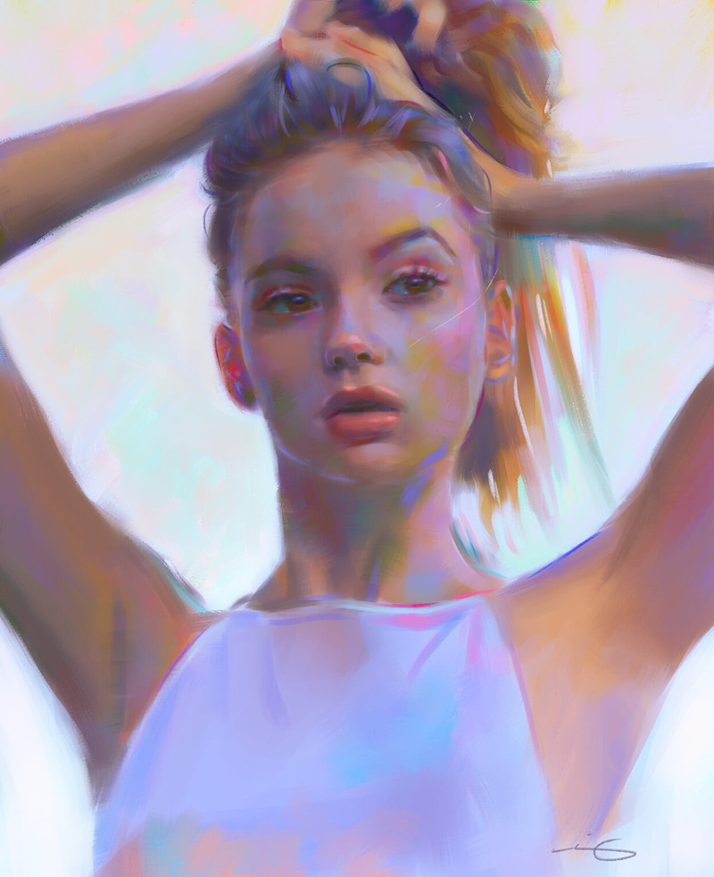 ArtStation, looking away, ponytail, drawing, hands on head, face, simple background, artwork, women, caressing, portrait, open mouth, armpits, Shi-An Matthew King