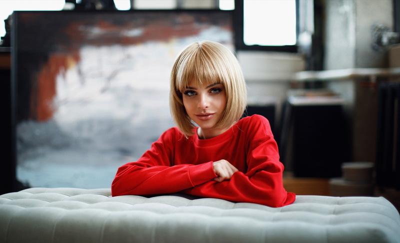 short hair, women indoors, blue eyes, model, women, red sweater, 2K, portrait, smiling, blonde