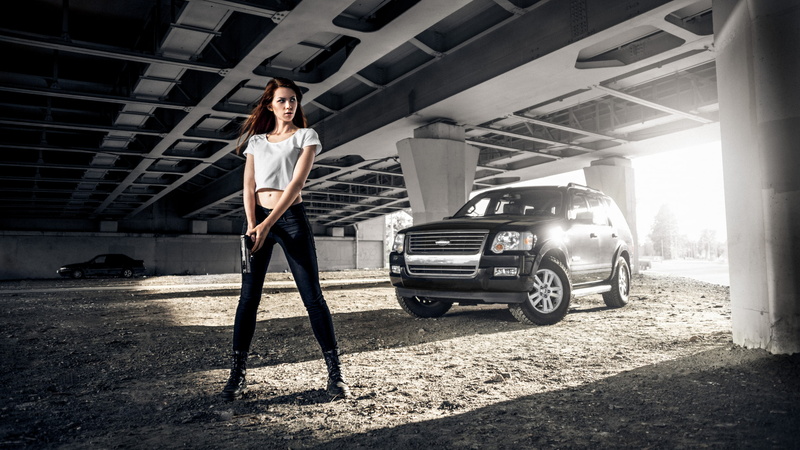 young women, adult, beautiful woman, one person, Girl With Weapon, girls with guns, casual clothing, car, mode of transportation, shadow, land vehicle