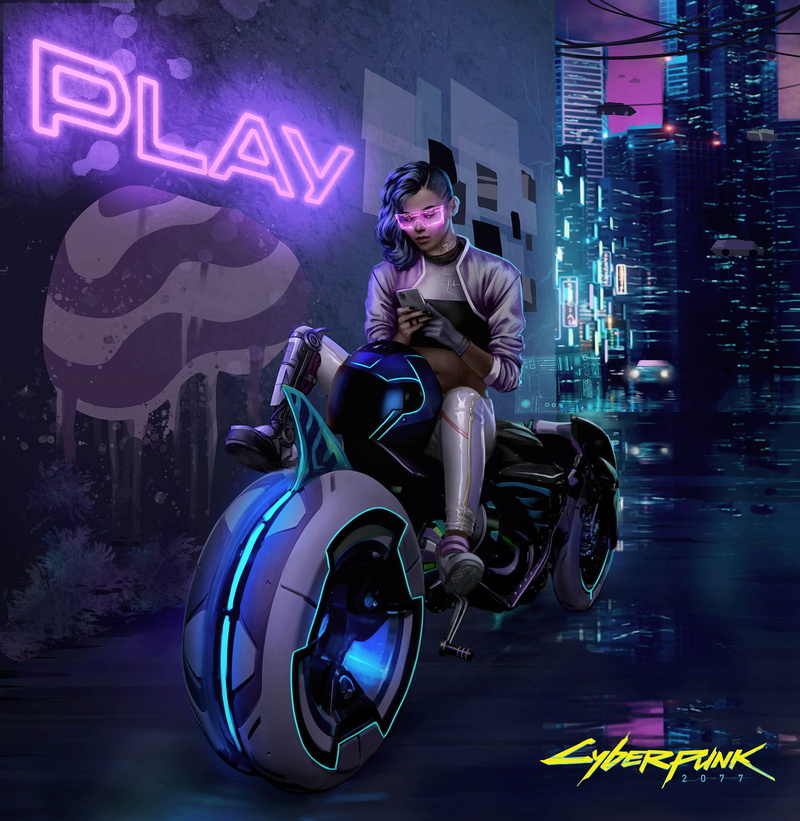 belly, ArtStation, women, video game art, women with bikes, cyberpunk, Cyberpunk 2077, motorcycle, artwork, pink glasses, video game girls, white clothing