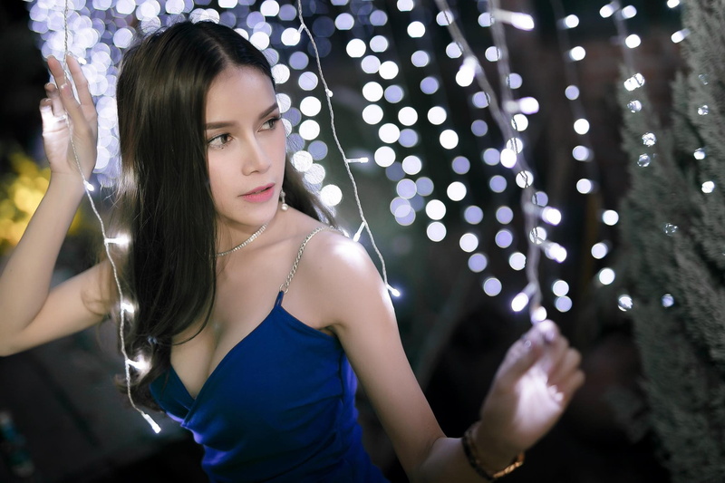hairstyle, 1080P, illuminated, nightlife, young adult, brunette, long hair, beauty, Lanchakorn Yeunyaw, Asian, women, Thailand model, front view, night