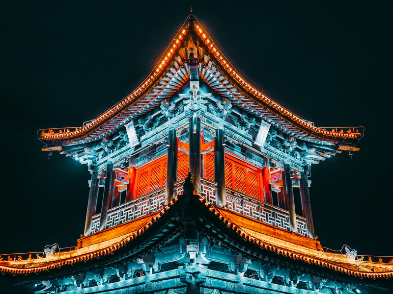 pagoda, no people, belief, red, tier, religion, building, beige, outdoors, lighting equipment, built structure, nature, blue, neon, spirituality, classical style