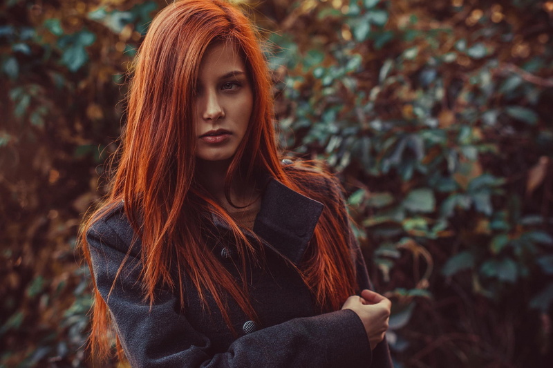 coats, grey coat, Camille Rochette, women outdoors, blurred, women, long hair, 1080P, redhead