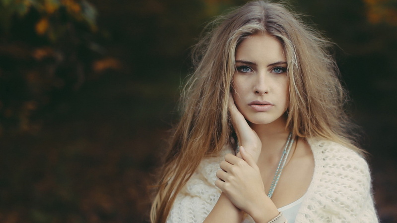 white sweater, women outdoors, Camille Rochette, blue eyes, 1080P, blonde