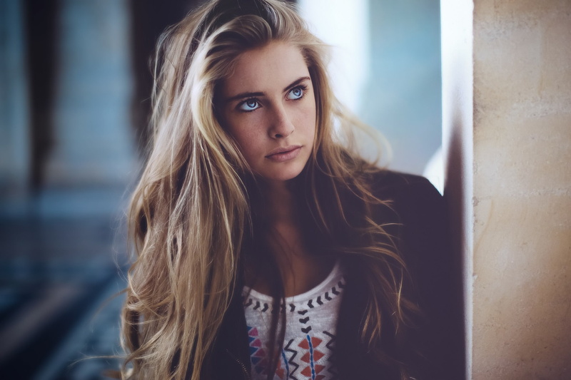 1080P, blonde, Camille Rochette, women, blue eyes, black jackets, face, portrait