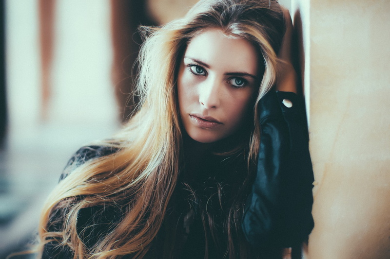 blonde, looking away, leather jackets, 1080P, hands on head, women, David Olkarny, face, long hair, portrait, Camille Rochette