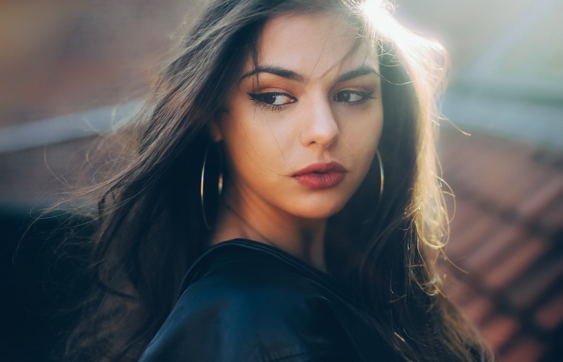David Olkarny, jacket, portrait, 1080P, hoop earrings, long hair, brunette, looking away, model, women, brown eyes, face, leather jackets