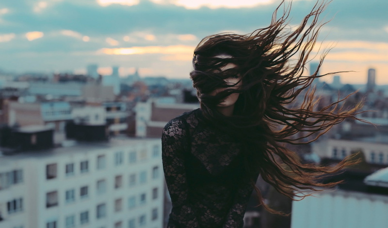 David Olkarny, see-through clothing, city, windy, 1080P, rooftops, skyline, Brussels, brunette, wind, women outdoors, long hair, depth of field, hair in face