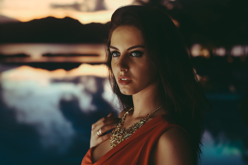 1080P, David Olkarny, blue eyes, women, portrait, Aurela Skandaj, brunette, Depth Of Field, model, Open Mouth, red Dress