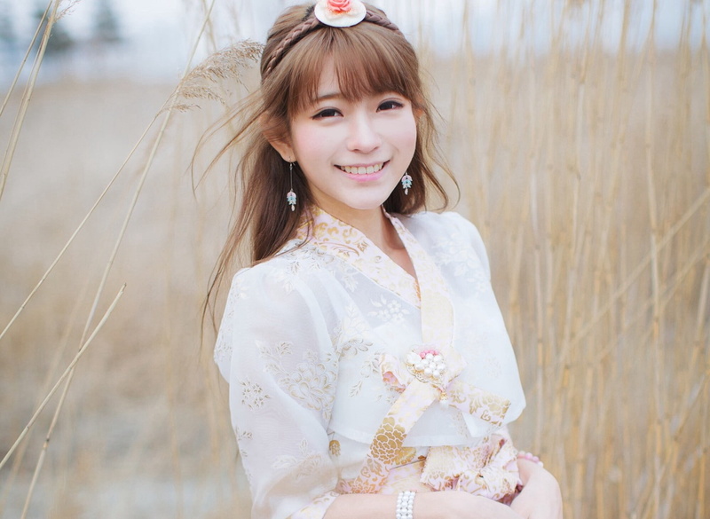 women outdoors, Korean, hair band, Yurisa Chan, brunette, 720P, women, auburn hair, model, smiling, cosplay, looking at viewer
