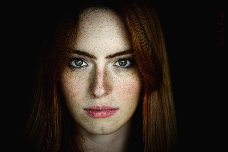 1080P, face, adult, closeup, young adult, body part, hairstyle, black background, looking at camera, lipstick, auburn hair, human body part, front view