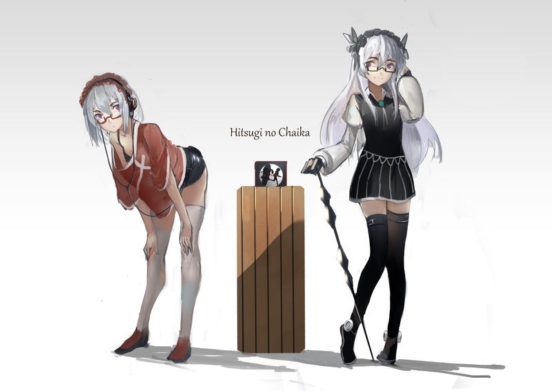 2K, white background, thigh-highs, young adult, music, shoe, clothing, anime girls, women, headphones, stockings, holding, anime, adult, eyeglasses, Hitsugi no Chaika